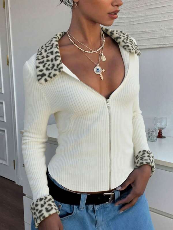 Women's Cream Ribbed Knit Crop Top With Leopard Print Collar & Cuffs, Zip-Up Long Sleeve Blouse, Y2K Street Style Casual Top