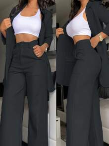 Women's Business Suit Two-Piece Set - Elegant Single Breasted Suit Paired With Slim Pants | Business Casual Office Suit And Daily Suit, Suits For Woman Set - 深灰色 - 查看 1