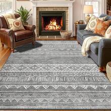 1pc Gray Tone Print Carpet, Retro , Nordic Geometric Pattern, Luxurious Velvet Material, Wear-Resistant Fabric, Rectangular Area Rug, Traditional Pattern Details, Anti-Slip And Easy To Clean, Soft And Skin-Friendly, Suitable For Living Room, Bedroom, Art Space, Home Decor, Doormat, Large Area Carpet, All-Season, Indoor And Outdoor Use - Grey - View 13