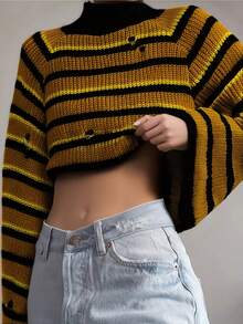 Suéter de punto con cuello alto, manga larga acampanada, rayas y desgaste para mujer, para otoño/invierno - Mostaza Amarilla - Ver 1