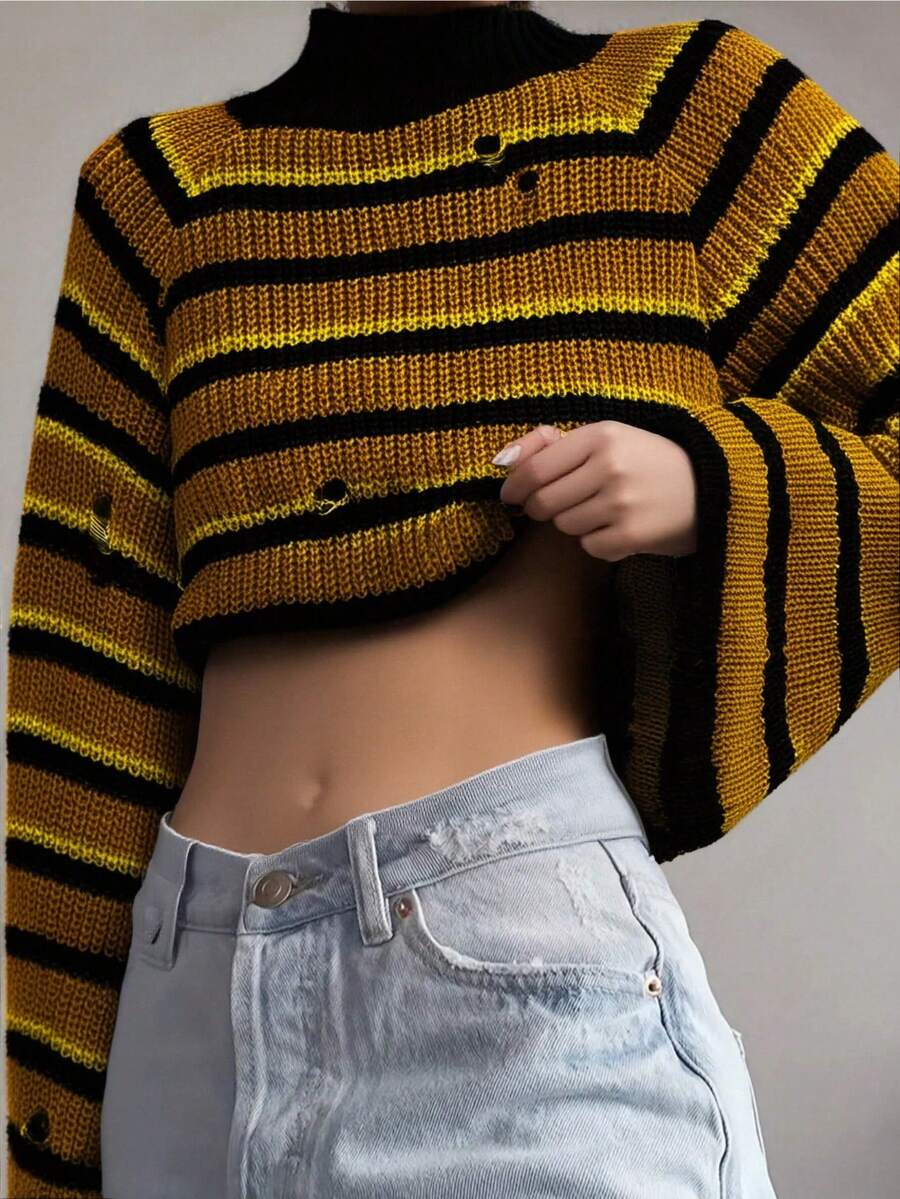 Suéter de punto con cuello alto, manga larga acampanada, rayas y desgaste para mujer, para otoño/invierno - Mostaza Amarilla - Ver 1