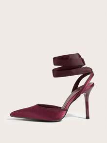 优雅缎面尖头露跟蝴蝶结细高跟鞋，浅口鞋，秋季款，适合派对和宴会等场合，优雅 - 酒紅色 - 查看 3