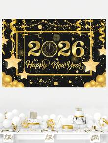 1件2026新年快乐派对背景布，星金图案涤纶背景布，2026新年庆祝派对装饰，家居装饰，房间装饰，墙饰，花园旗帜，新年悬挂装饰，新年礼物，2026新年装饰品 - 新年黑金D款 - 查看 8
