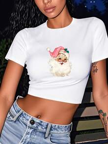 1pc Santa Christmas Graphic Print Women's Fashion Short Sleeve T-Shirt, Y2K Clothes, Back To School Clothes, Vintage Clothes, Street Wear, Rock, Holiday, Vacation, Festival, Summer Tops - 白色 - 查看 2