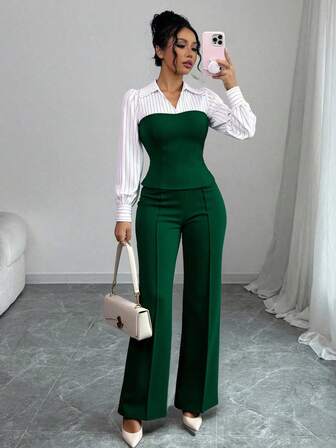 Damset med tunt randigt lapptäcke, elegant och avslappnad 2-delat set, långärmad topp och byxor, lämplig för kontor och hem, vår/sommar/höst