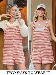 Womens Fall Striped Romper Sleeveless Loose Fit Jumpsuit Tied Shorts With Pockets Outdoor Casual Out - 粉色 - 查看 6