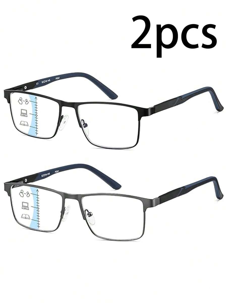 2-Piece Set Of Progressive Reading Glasses With Multi Focus For Men, Blue Light Multi Focus Computer Reader, Wireless Tri Focus Close Range - 透明多焦點 - 查看 1