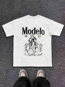 1pc Modelo Graphic Print Men's% Cotton-Shirt,  Casual Sports Style Top-Shirt,  Fashionable Street Style, Suitable Travel And Sports Wear - 白色 - 查看 3