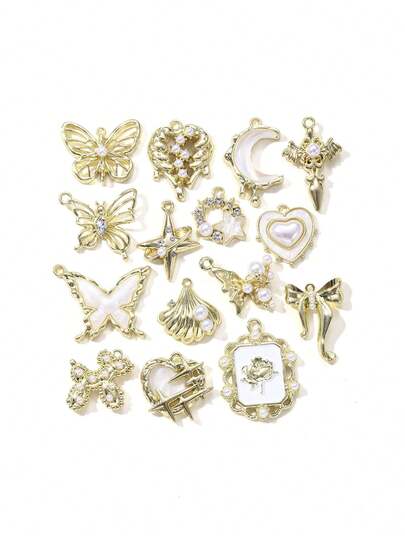 7/15pcs Assorted Gold Color Faux Pearl Butterfly, Cross, Heart Shaped Pendant Luxury Jewelry DIY Necklace Earrings Valentines