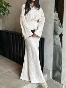 3pcs Women's Unique Collar Single-Breasted Solid Color Shirt Top, Casual Solid Color Button Skirt Set