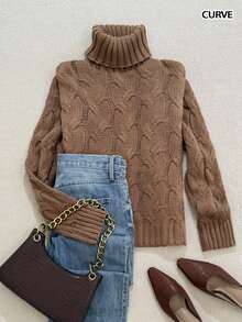 Sweater Rajut Lengan Panjang Berkerah Tinggi Bertekstur Motif Sisal Cokelat, Nyaman, Kasual, Elegan, Modis untuk Musim Gugur dan Musim Dingin. - Coklat - View 2