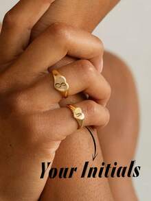 1pc Personalized Heart Shaped Stamp Ring, Gift For Her, Customized Stamp Ring, Women's Ring, Letter Ring, Engraved Ring, Pure Silver Ring - Multicolor - View 1