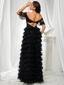 VIPGIRL Elegant Black Long Mesh Off-Shoulder High Slit Party Dress - Black - View 2