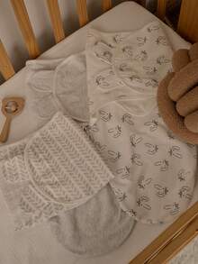 GLLQUEN BABY 3件組有機嬰兒包巾睡袋，適合新生兒 0-3個月，嬰兒包巾毯 - 灰色兔子 - 查看 6