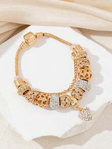 1pc Cute Realistic Oil Painting Heart Strawberry Fruit Bracelet, Suitable For Daily, Date, Vacation And Casual Outfits - Gold Heart Bracelet - View 2