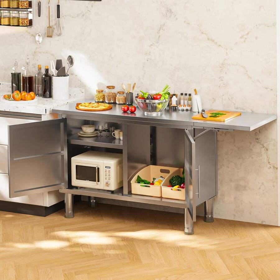 YODOLLA Stainless Steel Work Table, 57"X19.7" Commercial Worktable Kitchen Cabinets With Extend Panel & Adjustable Shelf, Heavy-Duty Kitchen Prep Table Workbench For Home, Restaurant, Garage And Hotel - Bạc - Xem 1
