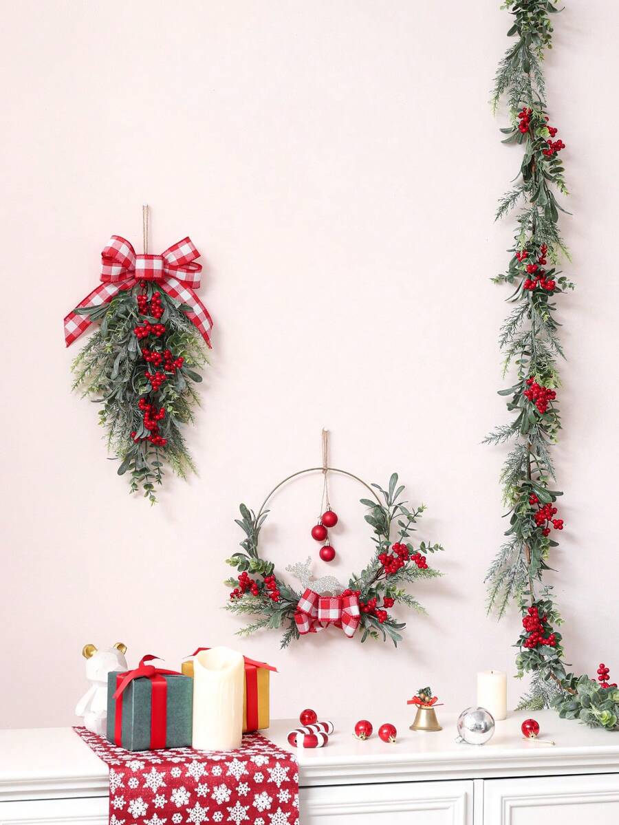 1 Stück künstliche rote Frucht Schleifen Girlande Dekoration, nordischer Stil Weihnachts Heim Wohnzimmer Kamin Atmosphäre Dekoration, Heim Fenster Ausstellung Festival Wohnzimmer Hängende Dekoration, Eingangsbereich, Büro Weihnachtsdekoration Heim Dekor Weihnachtsdekorationen Raumdekoration Winter