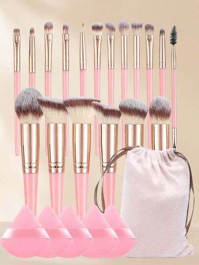 18PCS Pink - Themed Makeup Brush Set, Including Various Functional Brushes For Blush, Angled Application, Flat - Head Use, Contouring, Concealing, Eyeshadow, Mascara, And Eyeliner. Comes With An Exquisite Flannel Storage Bag And 5 Makeup Sponges. Essential For Business Trips And Travels, Perfect For Students Returning To School, Festival Gifting/Personal Use.,Brush Set,Makeup Brush Kit,Make Up Brush Set,Make Up Set Complete,Makeup Brush Set,Complete Makeup Kit,Brush Kit,Brushes Makeup Set,Makeup Gift Set,Set,Giveaways,Professional Makeup Brushes,Complete Makeup Set