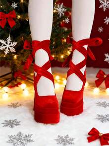 Platform High Heels For Women Goth Sexy Bow Chunky Heel Mary Janes Dressy Ankle Strap Round Closed Toe Y2K Shoes Elegant Outfits Valentine's Day - Đỏ - Xem 2