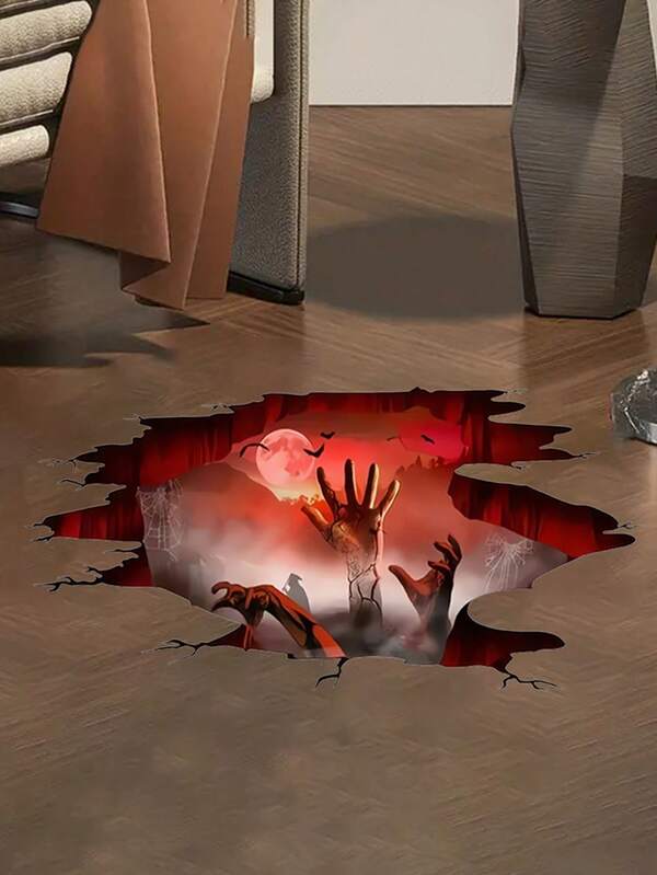 2 Piezas/Set - Pegatina de piso de Halloween, Pegatina de piso de mano aterradora 3D, Pegatina de piso, Diseño desmontable de luna roja, murciélago, telaraña, para sala de estar, dormitorio, decoración de pared y piso para fiesta de Halloween, Pegatinas de pared y piso de Halloween aterradores, Pegatinas realistas de mano aterradora de Halloween, Mano zombie fantasma desmontable y arte de luna de sangre para dormitorio, sala de estar, fiesta de bar.