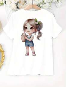 Girl Holding Chocolate Milkshake, Versatile T- Shirt, Streetwear, Comfortable For Long Study Sessions Or Schoolwork, Casual T-Shirt Graphic Tees, 100 Percent Cotton Shirts, White Street Graphic Tees, Men's T-Shirt, Funny Graphic Vintage T Shirts, S-XXXL - 白色-3 - 查看 1