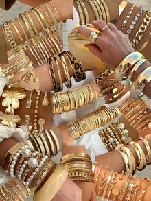 25/22/20/15/5pcs Vintage, Elegant, Multi-Piece Stackable Flower, Pearl, Heart, Geometric, Leopard Print, Round Bead, Chain Texture, Rhinestone, Braided, Smooth, Snake Bone, Beaded, Twisted, Multi-Layer, Minimalist, Smooth Plain Bangle Bracelet Set, Fashion, Simple, Graceful, Delicate, Retro, Punk Design, Suitable For Holiday, Party, Date, Gift, Daily Wear - Yellow Gold - View 8