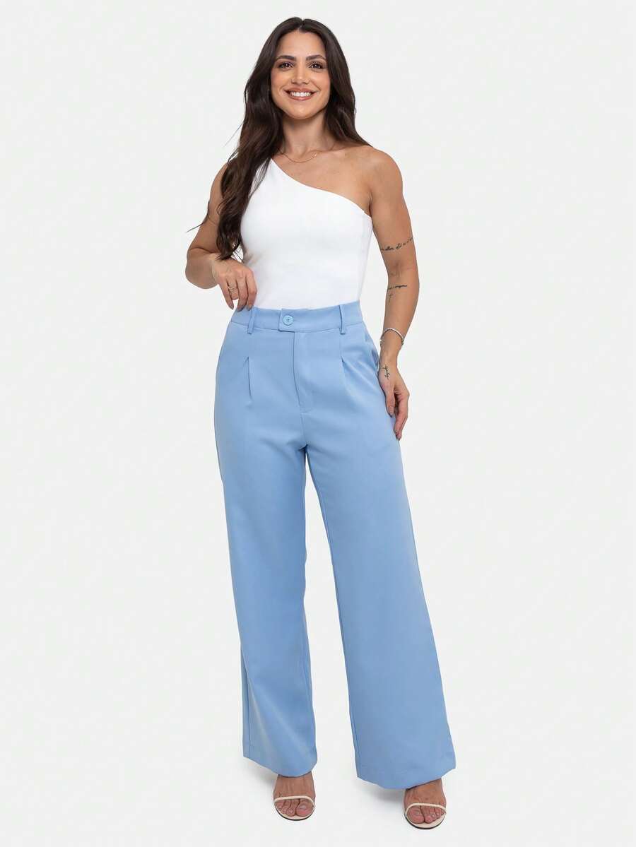 Simple Elegant Casual Polyester Zipper Pocket Button Daily Pants - Baby Blue - View 1