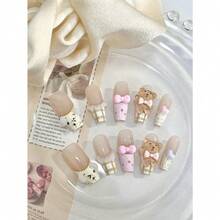 Long Coffin Nails Cartoon Cute Theme Nail Art Brown Bear, Pink Bow, Romantic French Side Graphic Design Hand Nails False Nails - 彩色 - 查看 2