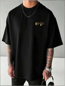 Balance Graphic Men's T-Shirt, Men's Double-Sided Print T-Shirt, Fashion Casual Crew Neck, 220gsm Cotton (1 Piece) - Preto - Ver 2