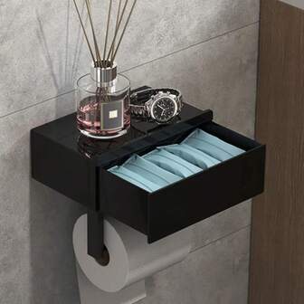 Easy-Install Black Toilet Paper Holder With Shelf - Wall-Mounted, No-Drill Bathroom Organizer For Tissues & Wipes