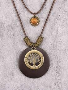 1pc Multi-Layer Brown Wax Rope Vintage Round Disc Five-Pointed Star Wood Bead Pendant Necklace With Big Hollow Leaf & Money Tree Charm, Antique Bronze Key & Note Pendant Necklace, Fashion Long Necklace, Great Gift For Mom & Girlfriend