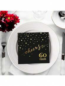 20 件/40 件/60 件，60 岁生日餐巾，庆祝 60 周年鸡尾酒会餐巾，6.5x6.5 英寸，用于生日装饰、结婚纪念日、黑色和金色，2 层万圣节餐桌装饰 - 黑色60歲 - 查看 3