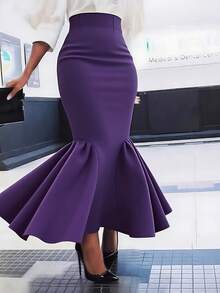 Plus Size Women's Autumn Solid Color Knit Fabric Ruffle Tie Waist Zipper Closure A-Line Skirt, Suitable For All Seasons - Purple - View 4
