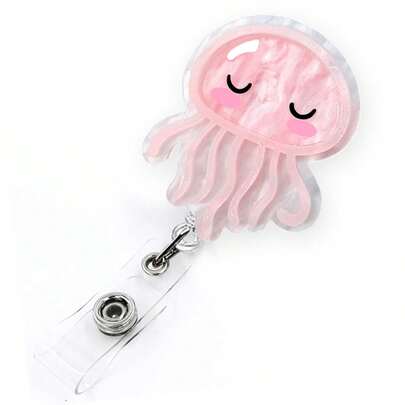 Pink Jellyfish Badge Reel Retractable For Nurse, Doctor, Medical Worker & Nursing Student | Cute Pediatric Nurse ID Name Badge Holder With Alligator Clip & 24" Durable Nylon Retractable Cord | Acrylic