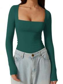 Vaiaye 女士春夏 Y2K 方领长袖修身 T 恤，纯色性感上衣，适合情人节休闲穿着 - 墨綠色 - 查看 11