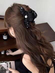 1个仿珍珠网状发爪夹，优雅发爪，适合盘发，大号冬季发饰，优雅发夹，夏季海滩度假风发饰 - 黑色 - 查看 2