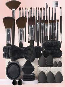 45合1彩妆护肤套装，25支化妆刷+20件化妆工具，护肤工具旅行包礼盒套装，女士/日常使用，专业化妆刷套装包含25支化妆刷（粉底刷、散粉刷、腮红刷、高光刷、眼影刷、眼线刷、轮廓刷、细头刷）、4个化妆海绵、4个三角化妆海绵、4个迷你粉扑、4个迷你化妆海绵、1个化妆刷清洁碗、3个发圈套装，完整化妆刷套装，全套化妆刷，化妆刷套装，完整化妆工具包，赠品，专业化妆刷，完整化妆套装 - 黑色 - 查看 1