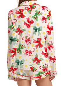 Christmas Pajamas Set For Women Satin Bow Tie Buttn Down Shirt Shorts Christmas Silk 2 Piece Pjs Set Sleepwear - Đỏ - Xem 6