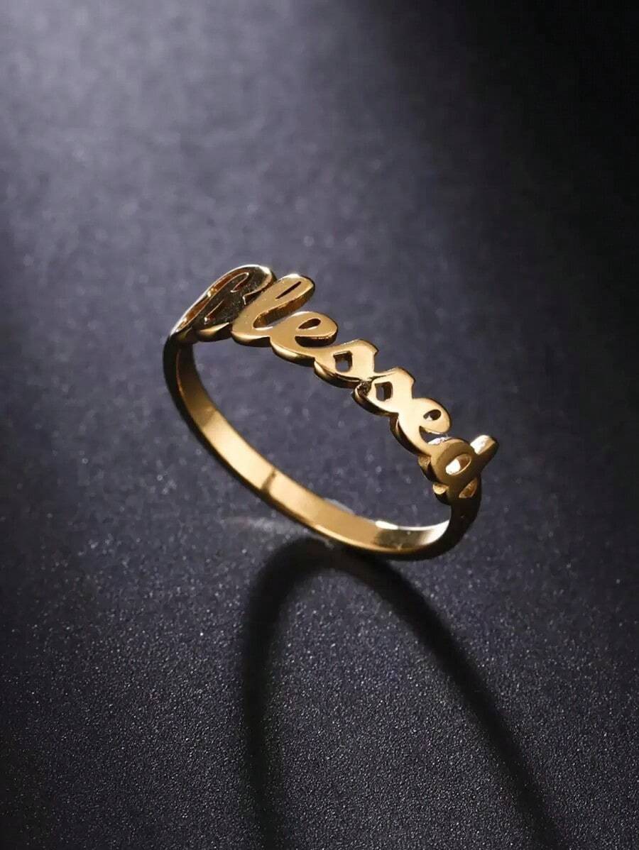 1pc Letter Decor Ring, Stainless Steel Jewelry, Gift For Mom, Birthday Gift, Holiday Gift, Engagement Ring, Jewelry Accessory - 黃金 - 查看 1