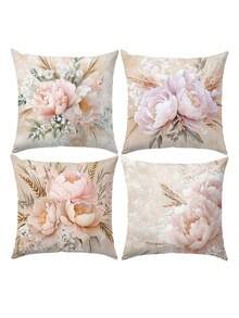 4 件套粉色麦穗花束靠垫套，柔软的桃色天鹅绒材质，适用于客厅、卧室、沙发、家居装饰，单面印花，45*45 厘米枕套，礼物