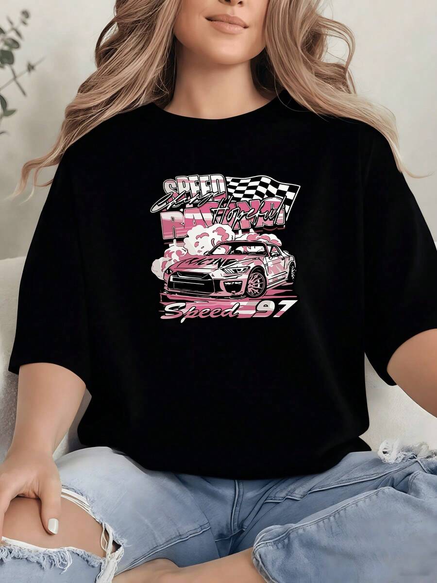 Racing Car Graphic Print T Shirt 220g Sporty Women's Casual 100% Cotton Tee 1pcs Motorsport Streetwear Style - 黑色 - 查看 1