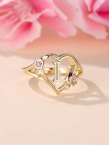 Tsnamer 1枚精美立方氧化锆金色字母心形戒指，26个字母A-Z可定制姓名花朵图案，可调节开口手镯式戒指，适合女性和女孩日常佩戴，生日珠宝礼物 - 金黃色花朵 - 查看 37