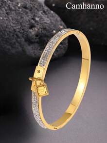 1PC Fashionable Retro Stainless Steel Mud Diamond Padlock Bracelet Suitable For Women's Daily Or Special Occasions, Casual, Party, Valentine's Day, Christmas Gifts - Yellow Gold - View 2