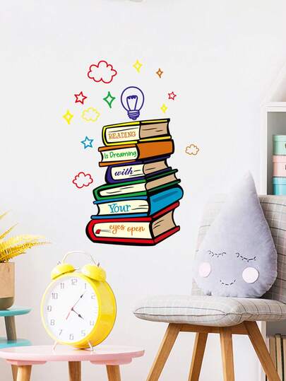 1 件书灯墙贴，可移除墙贴，适用于儿童房、书房、卧室、沙发、图书馆背景装饰