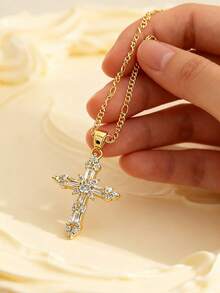 1pc Cross Necklace For Women,14K Gold Plated Cross Pendant Necklace Dainty Gold Cross Necklaces For Women Small Cross Charm Necklace Simple Cute Choker Necklaces Gold Jewery - 金色 - 查看 14