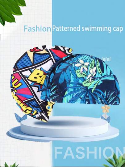 1pc Uplifting Tropical Print Swim Cap - Stretchable Nylon For Long Hair, For Men And Women, Pool And Beach Essentials, Beach Accessories | Shocking Swim Cap | Polyester Blend Cap, Swim Cap