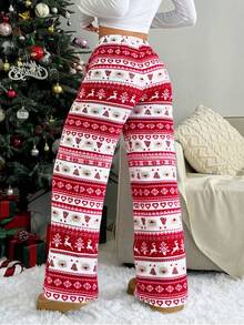 优雅条纹圣诞女装，秋冬服饰，圣诞鹿毛绒球抽绳圣诞睡衣，保暖内衬裤 - 紅色 - 查看 2