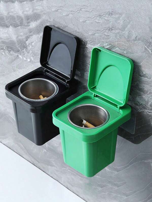 Cinzeiro de parede de aço inoxidável com tampa, 1 peça - formato assimétrico contemporâneo, design à prova de poeira para banheiro e decoração de casa, fácil instalação, cinzeiro para uso externo