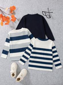3 件套男童休闲日常时尚印花条纹圆领长袖 T 恤，春秋季