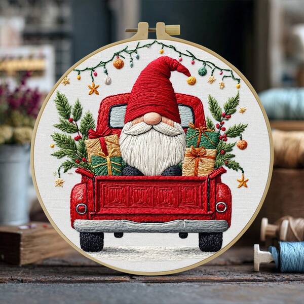 1 pezzo Kit di ricamo, 20x20cm/7.9x7.9 pollici Gnomo natalizio, Kit di ricamo fai-da-te, adatto per adulti e principianti, include tela da ricamo, manuale di istruzioni, telaio da ricamo e filo, regalo di Natale per amici o familiari, opera d'arte fatta a mano per mobili e ufficio